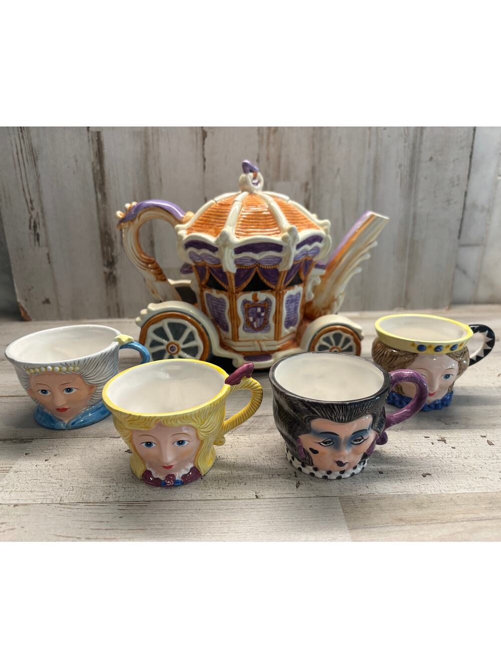 Department 56 Storybook Cinderella Hand Painted Ceramic Teapot & 4 Teacups